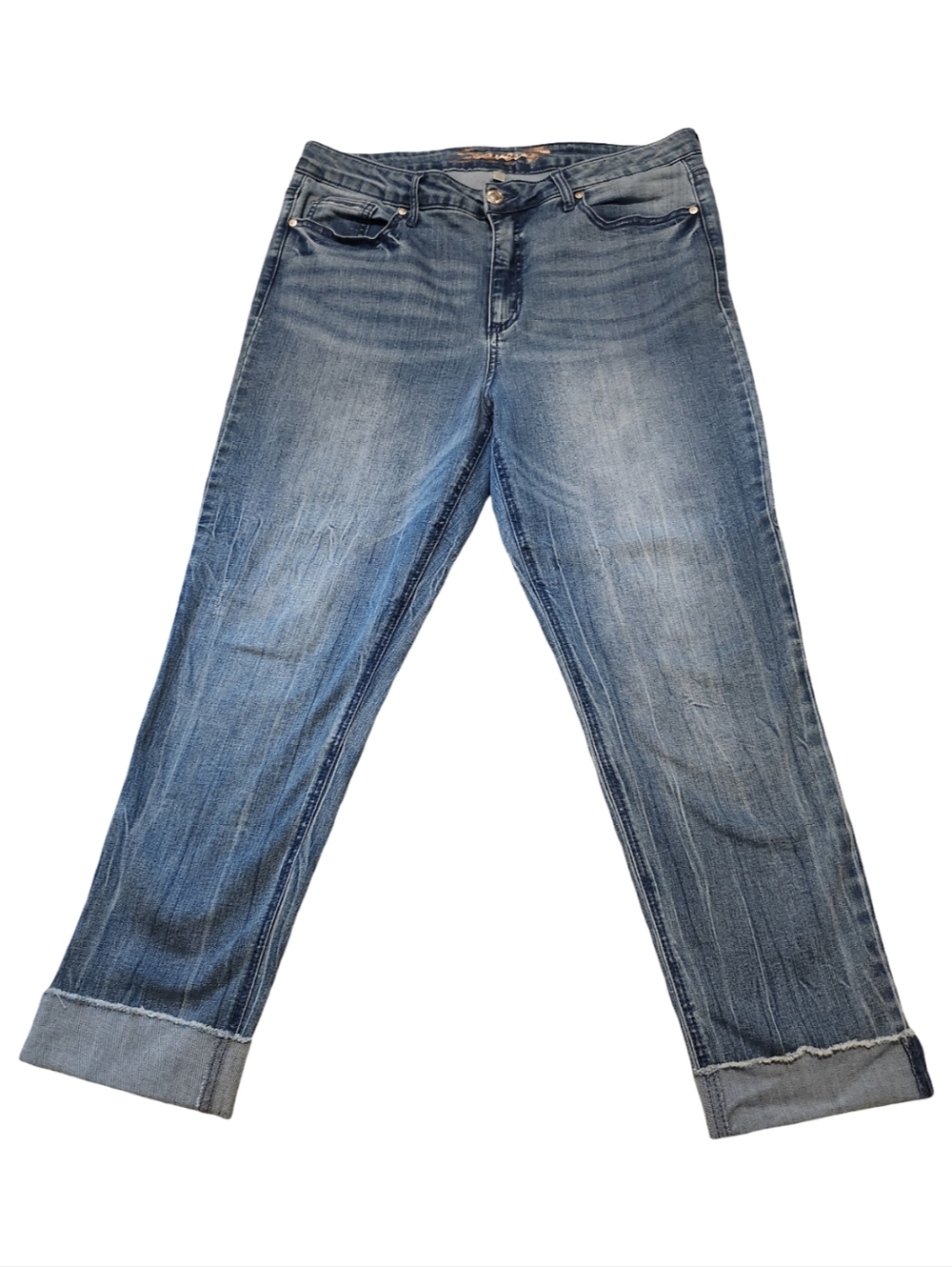 Seven7 Women's Washed Blue Boyfriend Jeans with Cuffed Hem